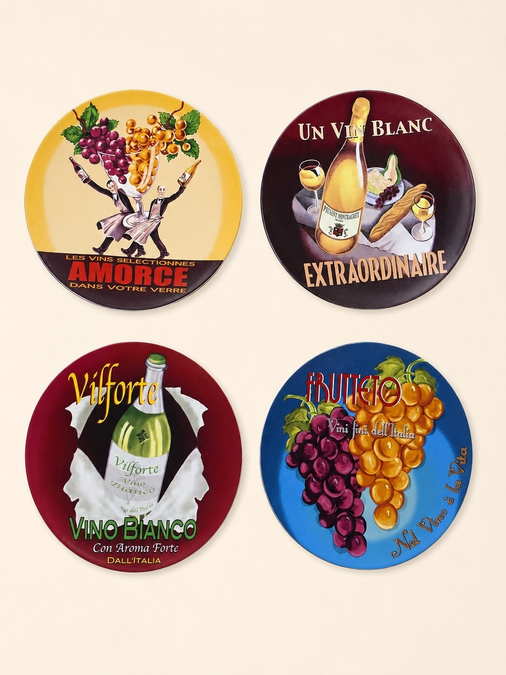 Vintage Pottery Barn Wine Bar Appetizer Plates, Set of 4 French & Italian Wine